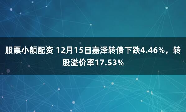 股票小额配资 12月15日嘉泽转债下跌4.46%,转股溢价率17.53%